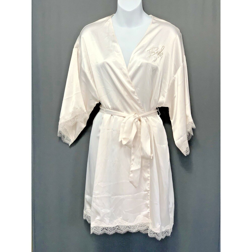 Victorias Secret Satin Bridal Kimono Robe Sz XS/S Ivory Lace Belt Bride Romantic